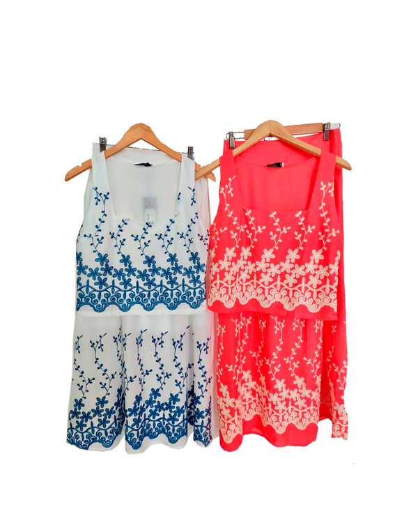 Conjunto de Blusa de Tirantes y Falda Blanco con Azul Everlyn