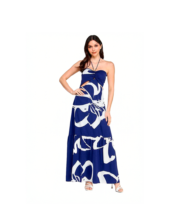 Vestido largo estampado con tirantes al cuello
