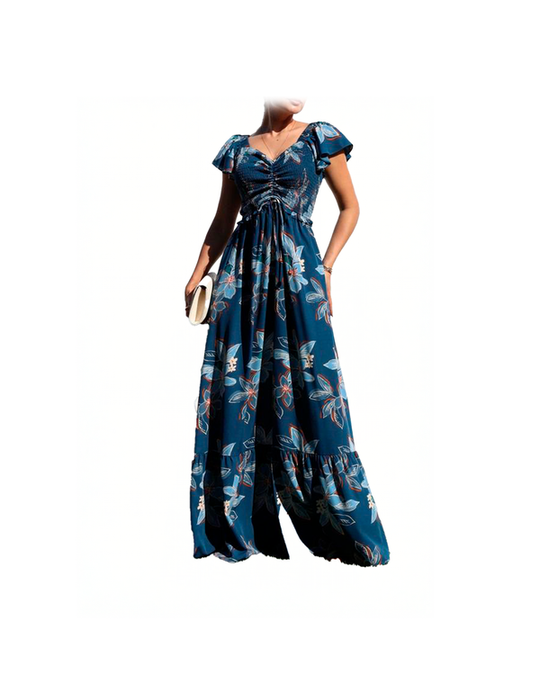 Maxi vestido de cuello V con flores azules