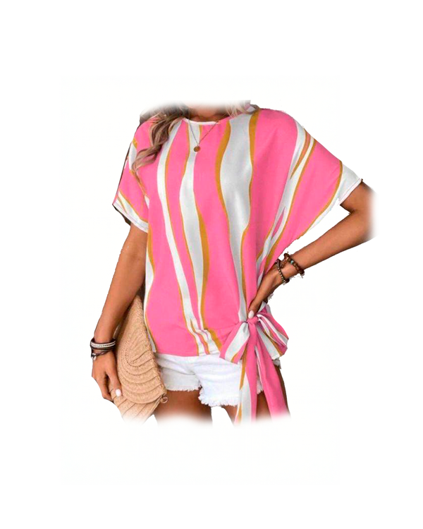 Blusa de Rayas Asimétricas con Lazo Lateral - Rosa Multicolor